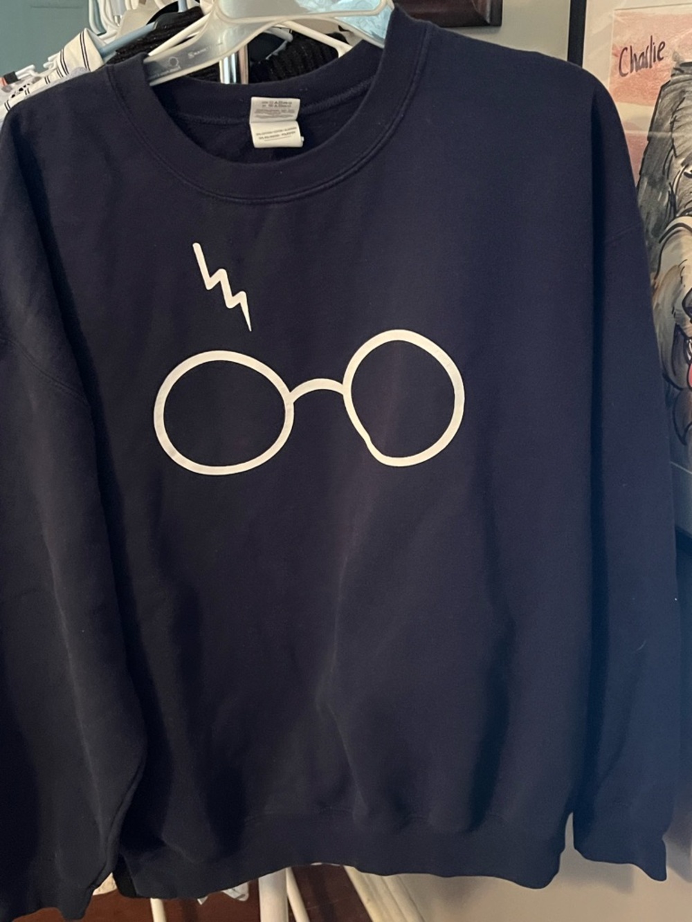 Men's Black Graphic Crewneck Sweater with White Glasses Motif